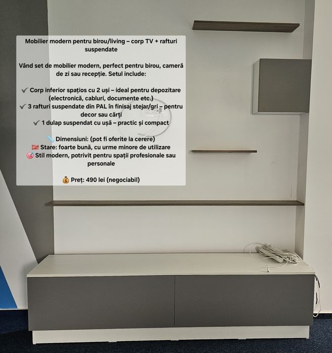 Mobilier modern pentru birou/living – corp TV + rafturi suspendate