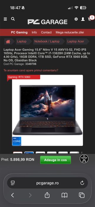 Laptop gaming Acer Nitro V15 NOU Intel I7/ RTX 5060/165hz /1tb/16gb