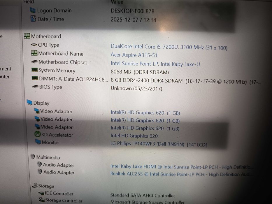 Placa baza laptop Acer Aspire A315-51, Core i5 7200 + carcasa completa