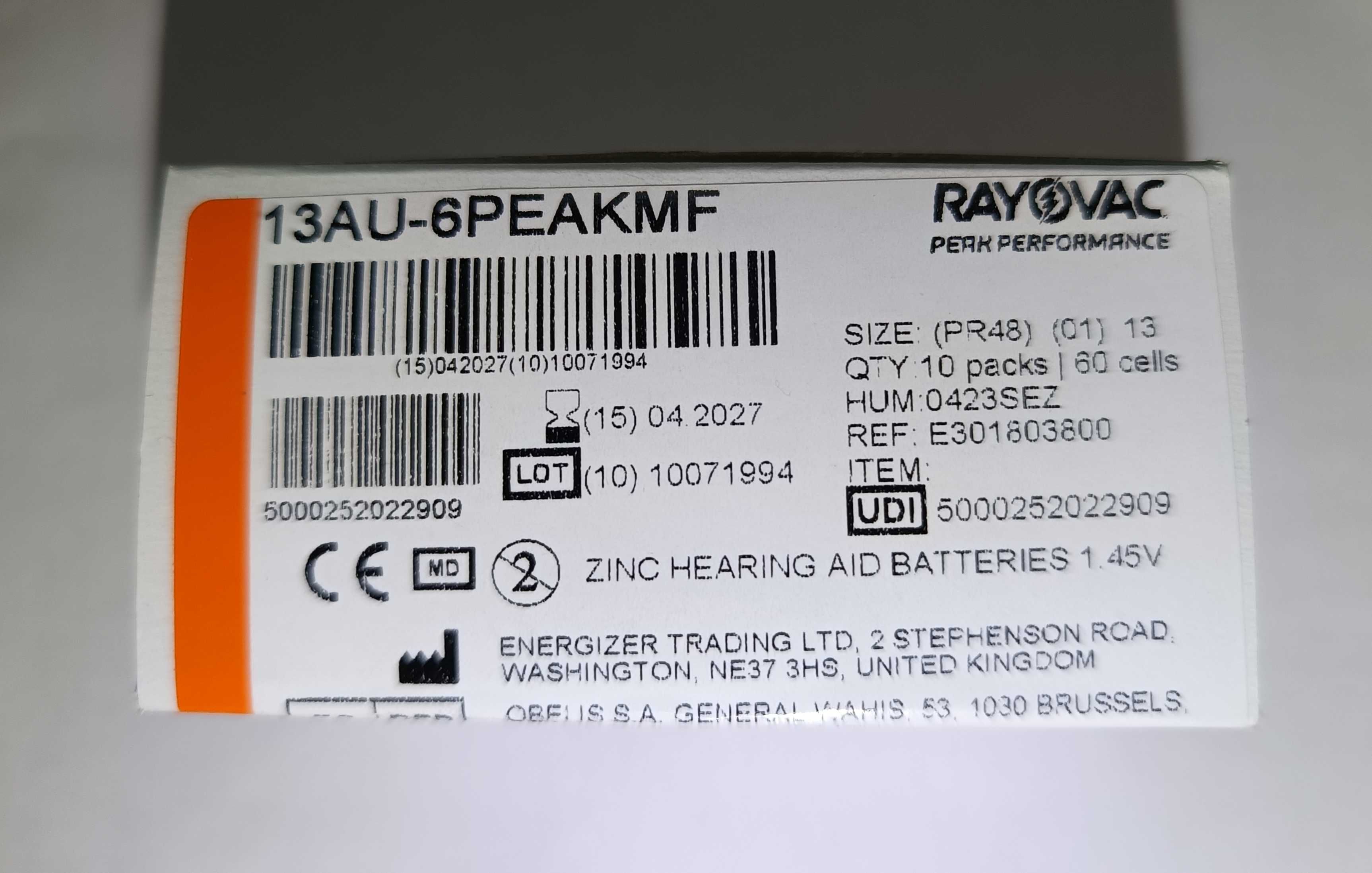 Батареи 60 шт. / 10 карт  Для слухового аппарата Номер модели:
13