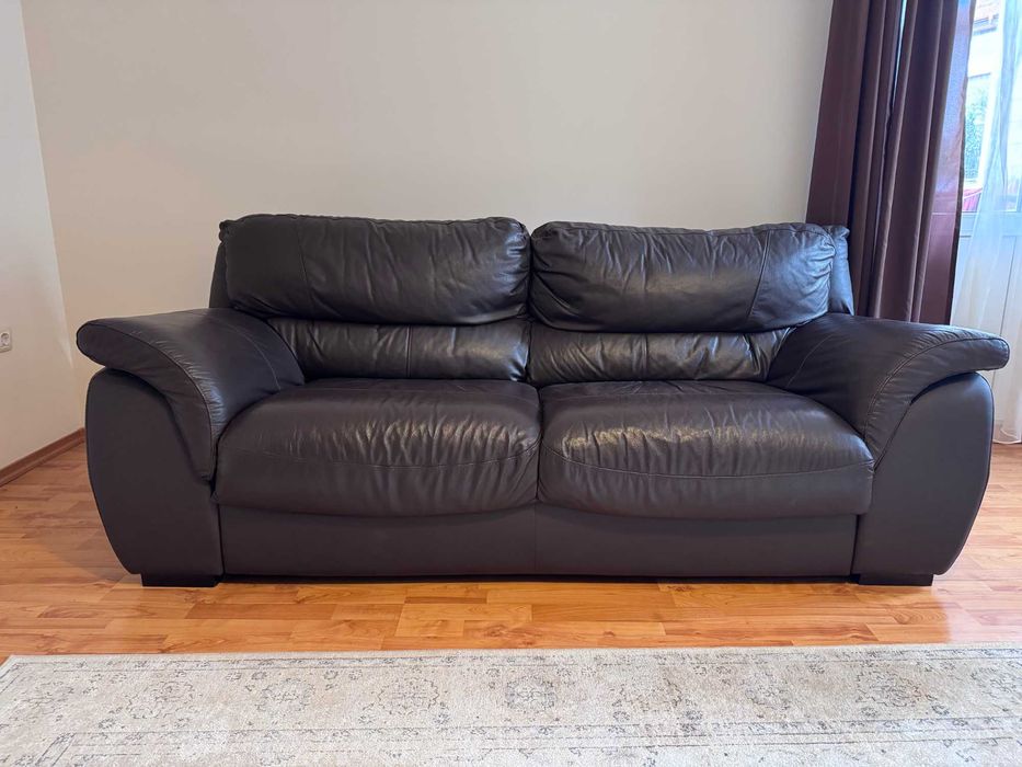 Кафяв кожен диван 3ка от естествена кожа! 210х100х83см