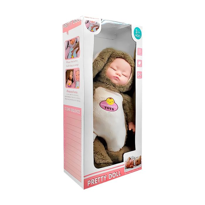 Красивая кукла в плюшевой пижаме с кроликом и звуком