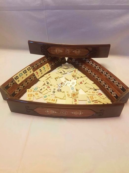 Joc remi, rummy din lemn masiv si sidef sculptate manual. 2643