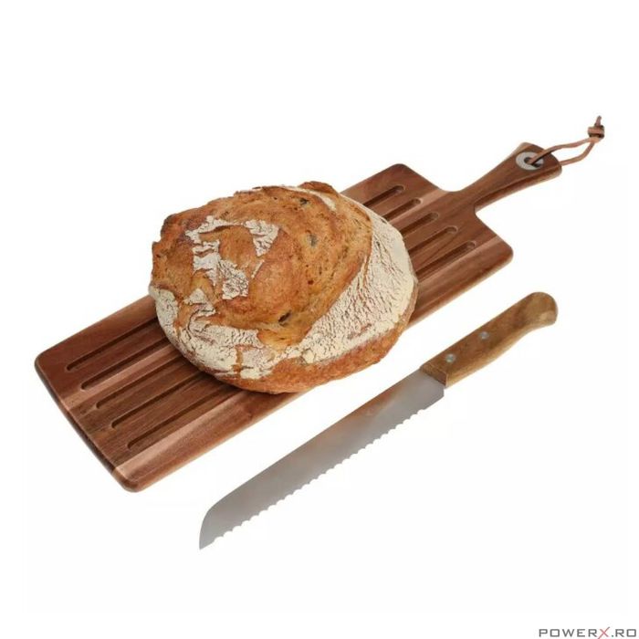 Set cutit si suport pentru taiat paine, inox si lemn masiv de salcam,