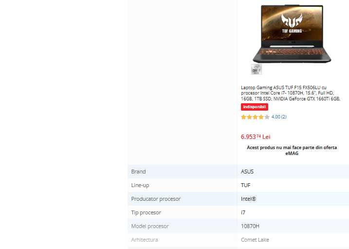 Laptop gaming Asus ROG TUF, intel core i7-10780H, ram 16 gb