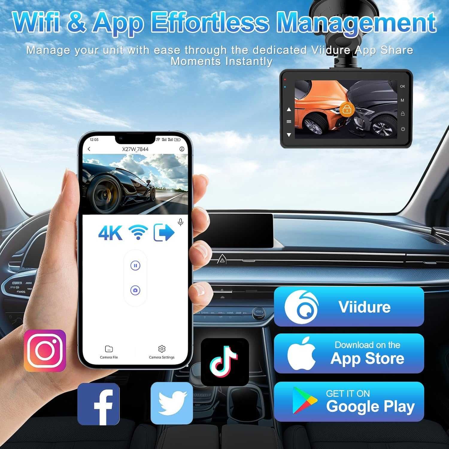 DYNACAM 4K/2K+1080P Dash Cam отпред и отзад, 64GB карта, 170°,G-сензор
