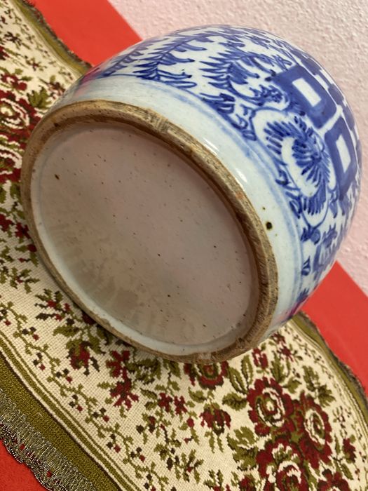 Китайски буркан Double Happiness синьо бял винтидж 1900 г
