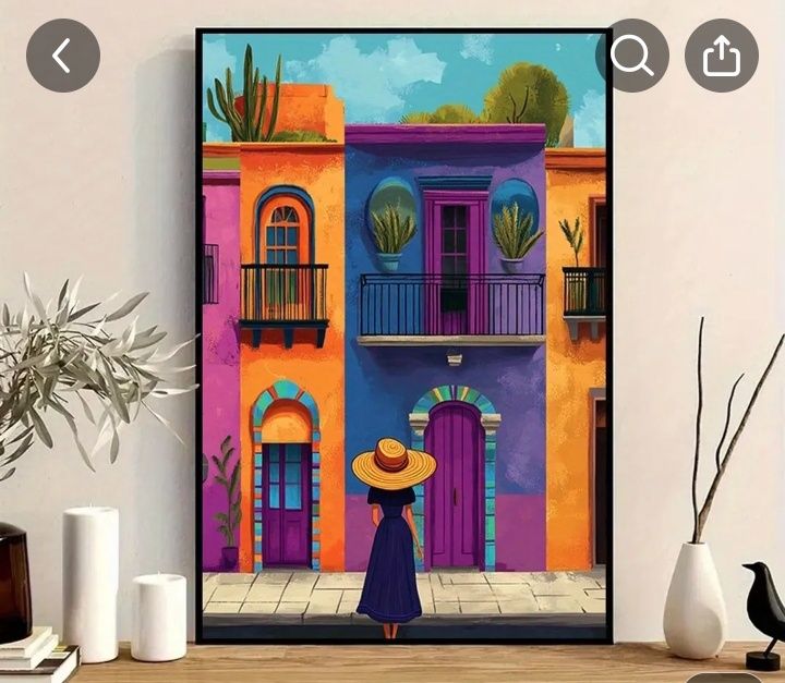 Мексиканска Градска Сцена - Рамкова Стенна Декорация с Цветна Архитект