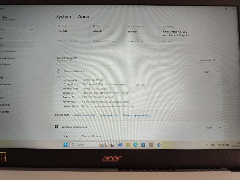 Acer Aspire 3 AMD Ryzen 7 5700U 15.6 Full HD 16 GB DDR4 512 GB SSD