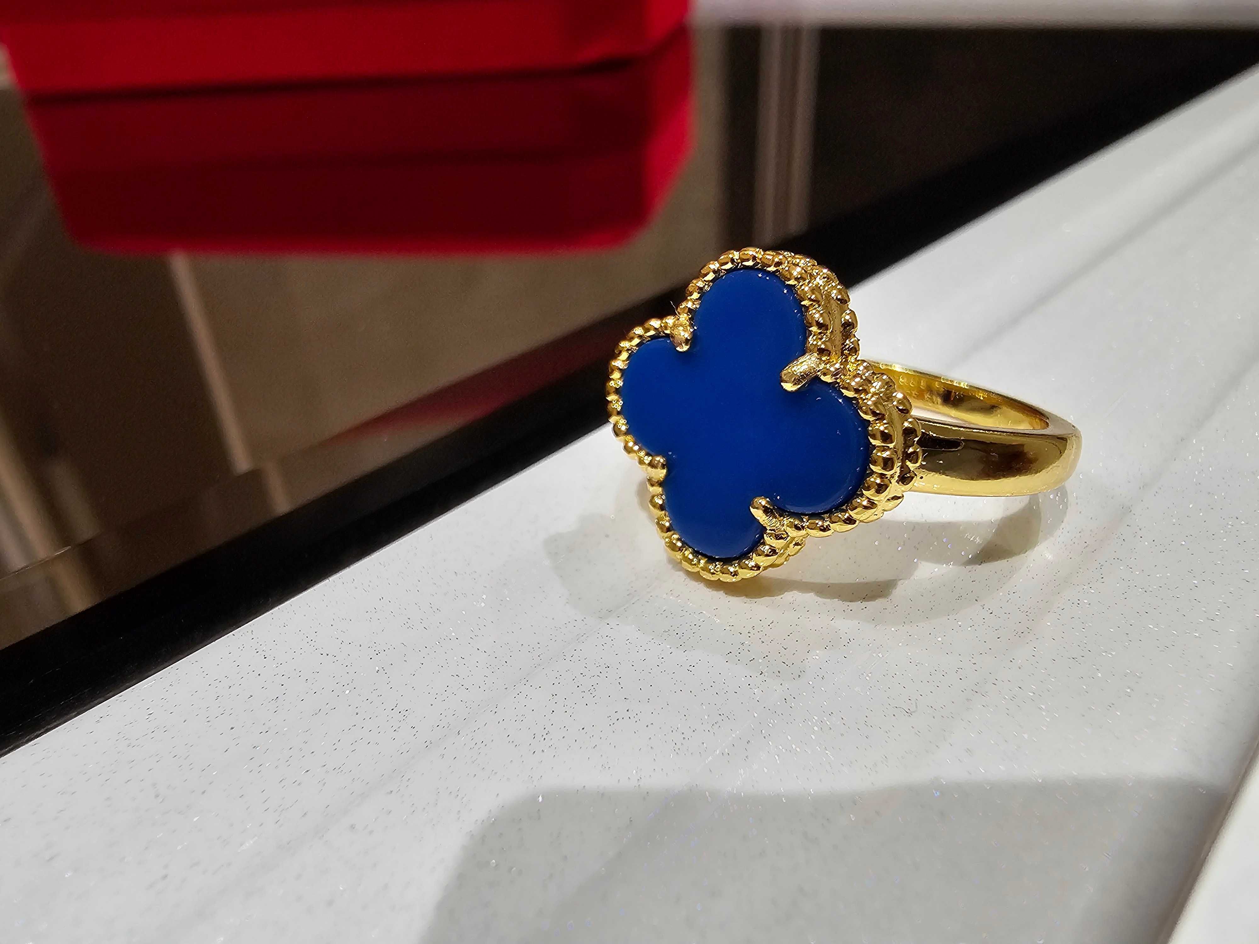 Van Cleef & Arpels VCA Gold Blue Agate Alhambra Clover Дамски Пръстен