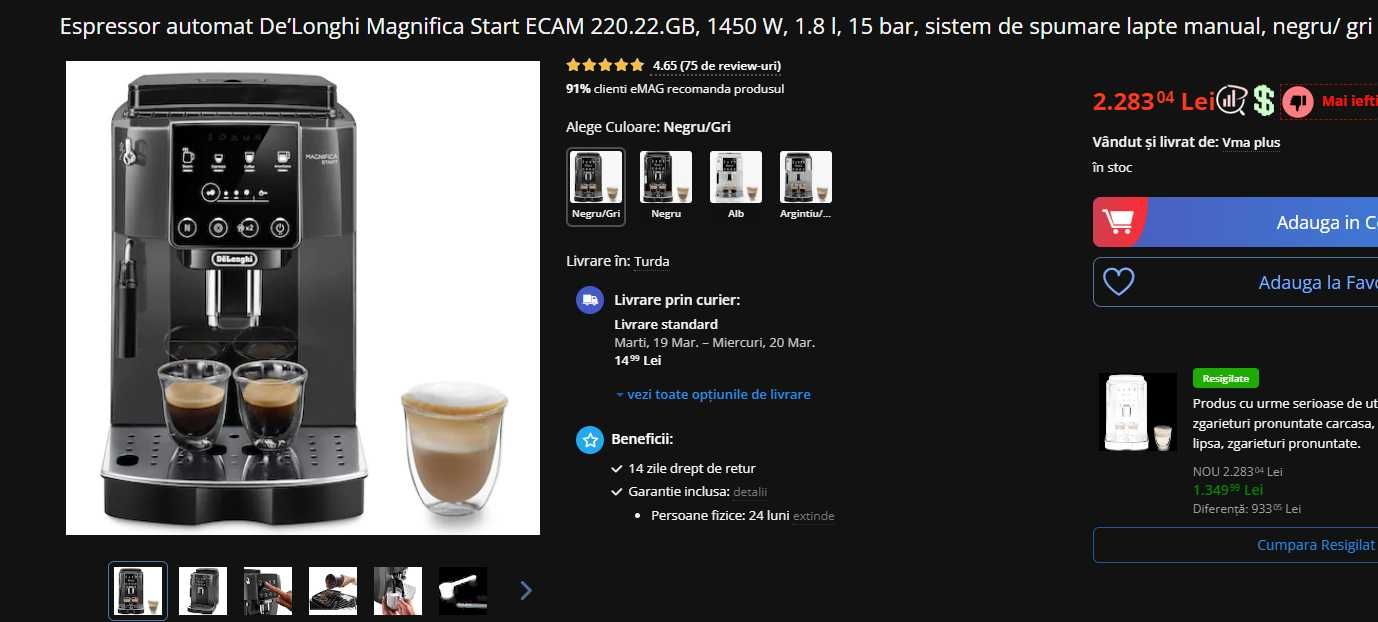 Espressor automat De’Longhi Magnifica Start ECAM 220.22.GB, 1450 W