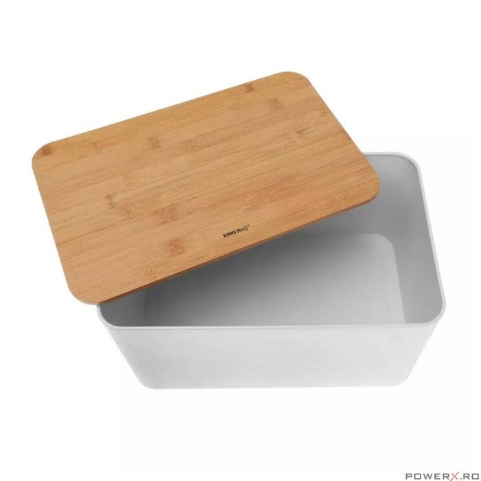 Set cutie paine si 3 recipiente pentru bucatarie, oțel-bambus, alb,
