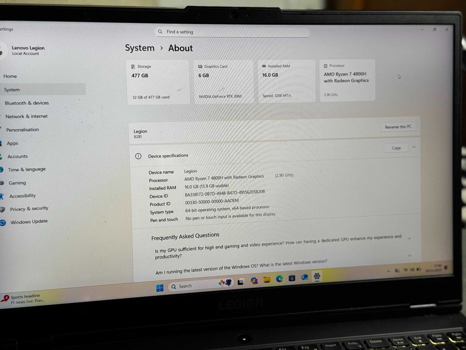 Lenovo Legion 5, Gaming, 15ARH05H, 16 GB RAM, 512 SSD, 6GB RTX