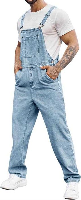 Salopeta barbati Runcati din denim, casual, reglabila