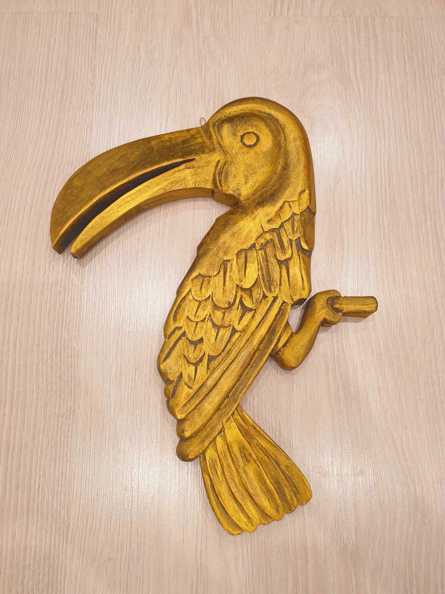 Decoratune perete, tablou ornament pasare papagal auriu gold lemn