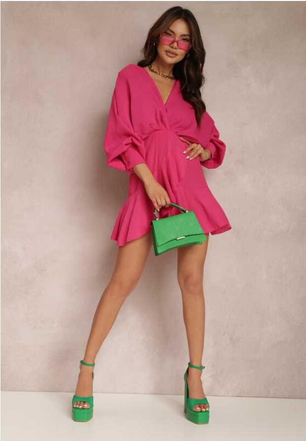 Rochie Fucsia cu volane si maneci lungi