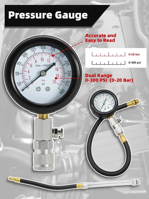 Комплект тестер за компресия бензинови двигатели 0–300 PSI