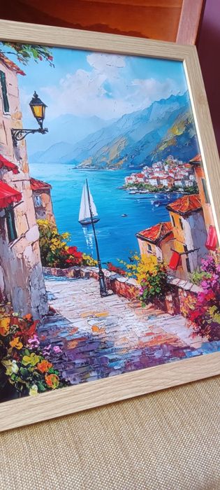 Средиземноморска Прибрежна Сцена-Жива Морска Картина с Балкон,