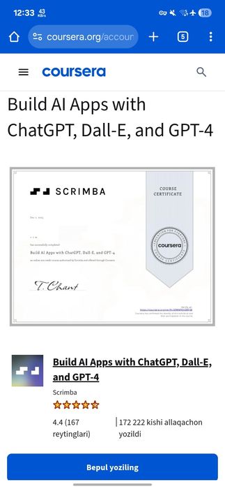 Coursera dan sertifikat olib beramiz