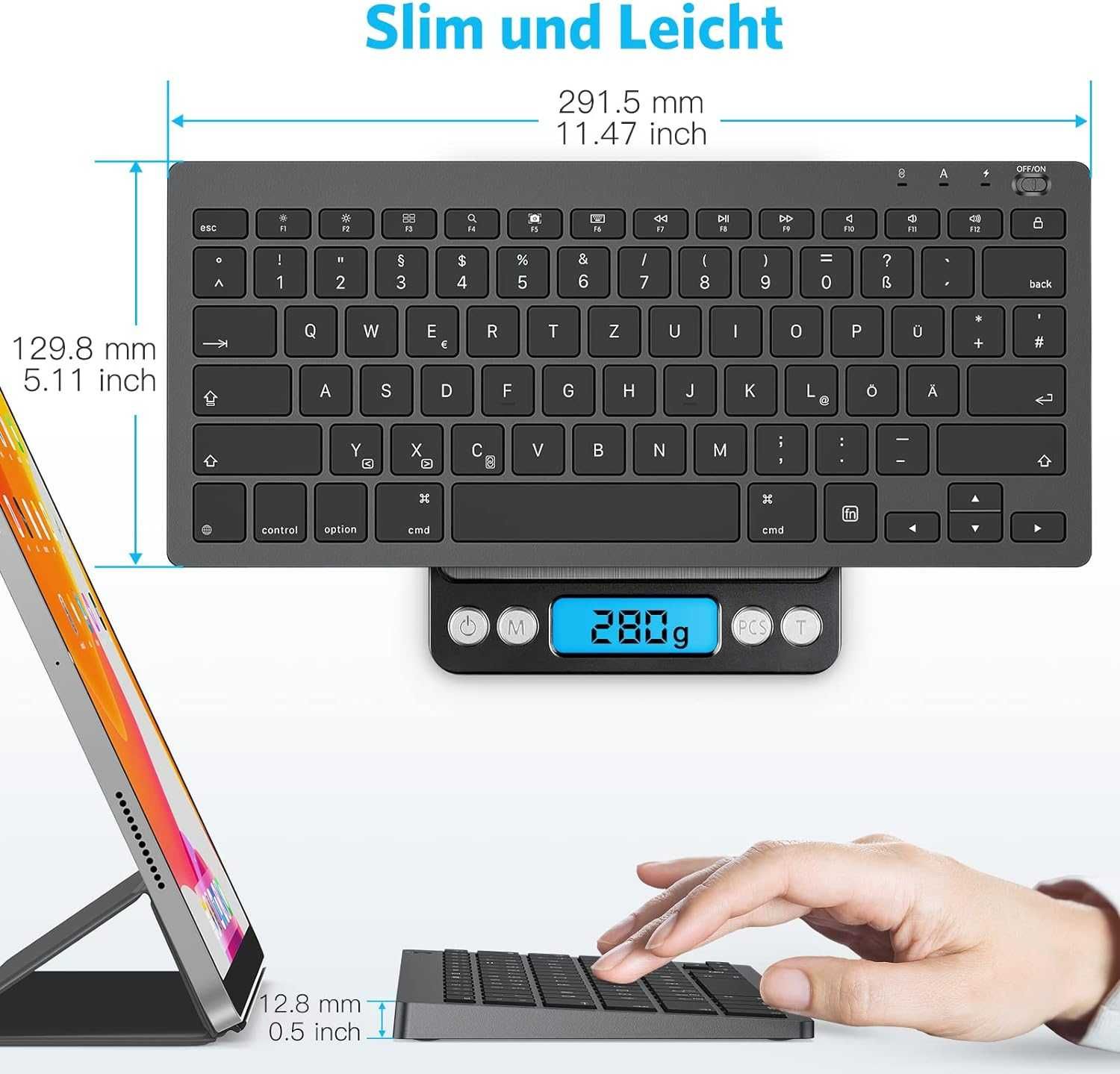 Tastatură Bluetooth Emetok iPad,QWERTZ [ergonomică,reîncărcabilă]