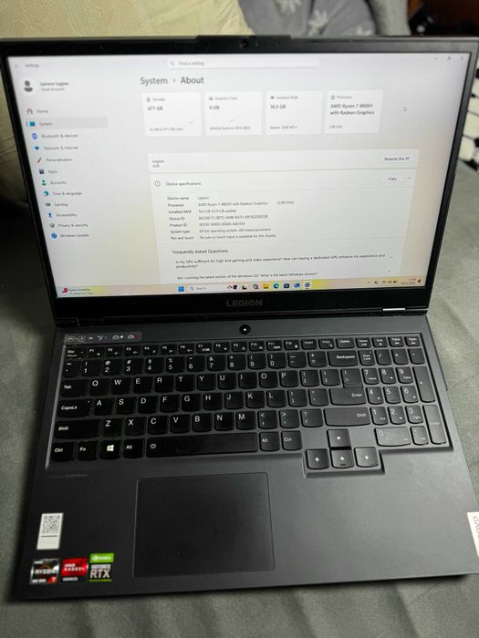 Lenovo Legion 5, Gaming, 15ARH05H, 16 GB RAM, 512 SSD, 6GB RTX