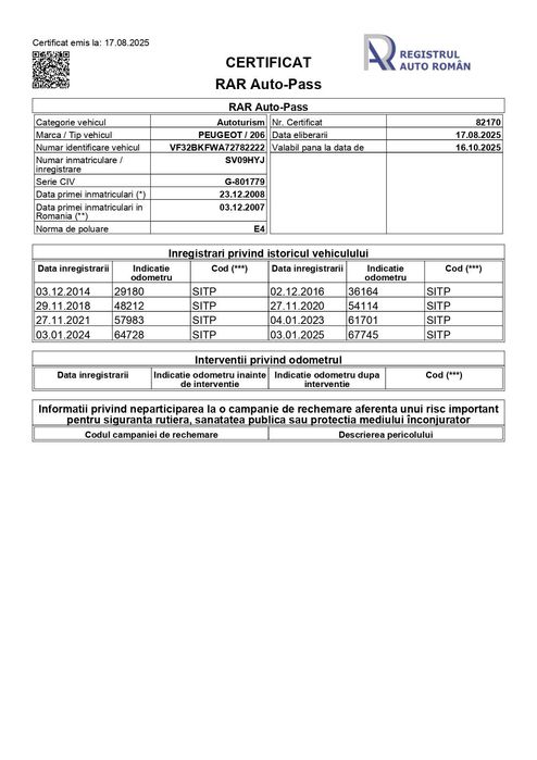 Vând Peugeot 206 – UNIC PROPRIETAR/achizitionata din reprezentanta RO