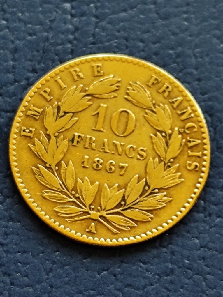 10 франка 1867 год.," Наполеон III с венец", злато 3.22 гр.,900/1000