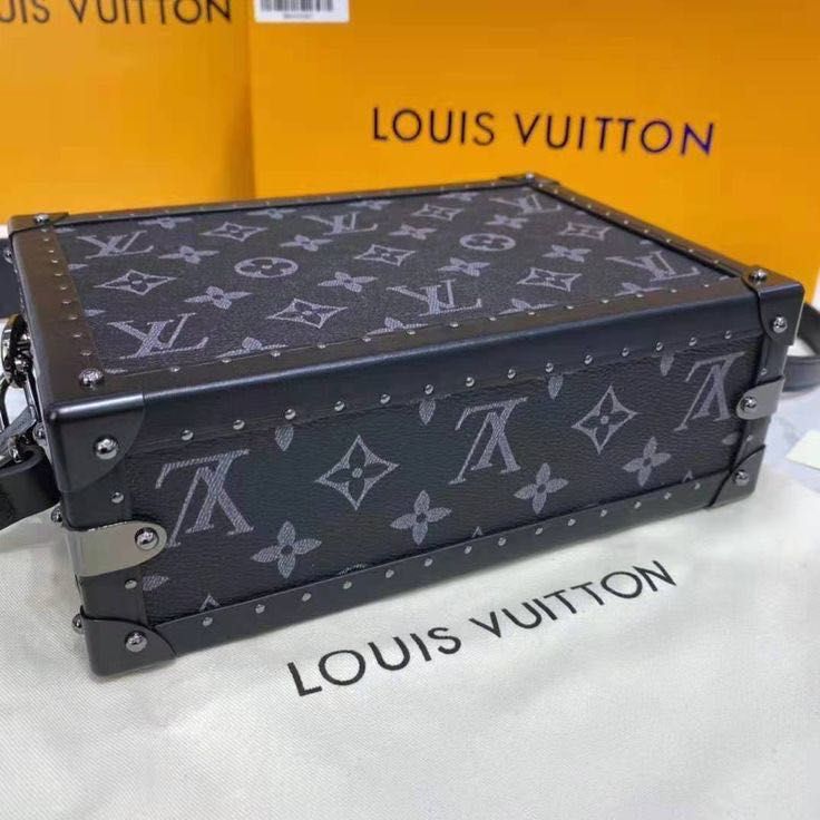 черна сива кожена чанта тип кутия ЛВ Louis Vuitton с дълга дръжка
