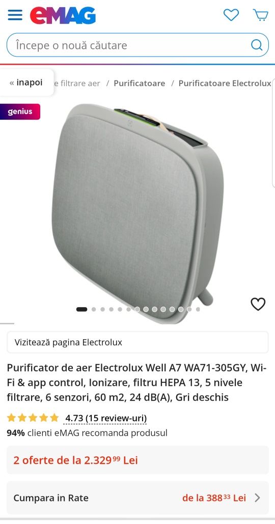 Purificator de aer Electrolux Well A7 WA71-305DG, Wi-Fi & app control