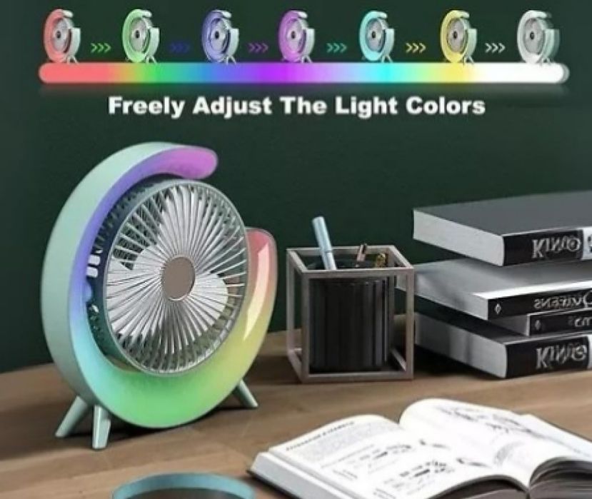 Мини настолен вентилатор с многоцветно осветление, RGB LED, USB, преза
