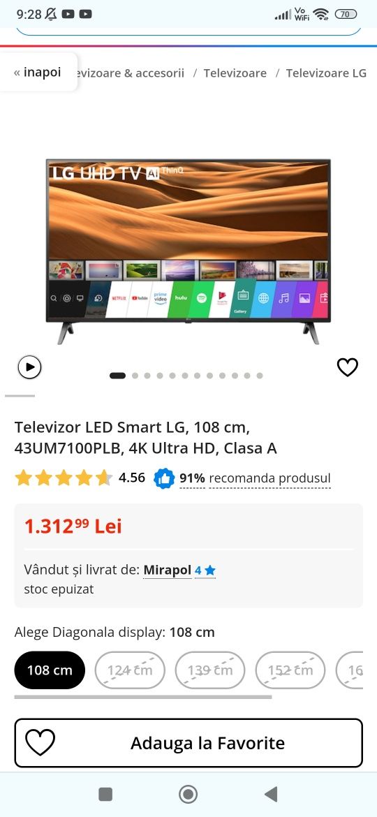 Vând tv LG de 108 display crăpat ieftin