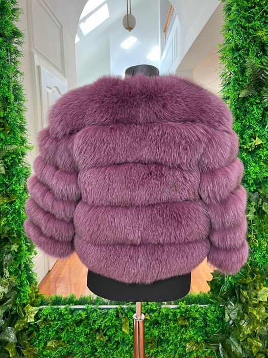 Haina din blana de vulpe si piele de vitel, culoare magenta, marime S