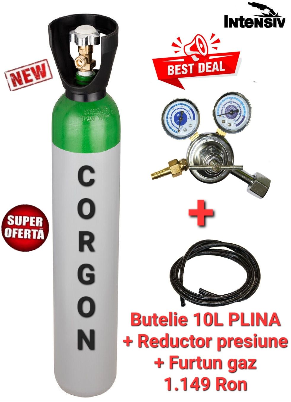 Butelie Corgon 10L PLINA+Reductor+Furtun gaz-pentru sudura Mig-Mag/Tig