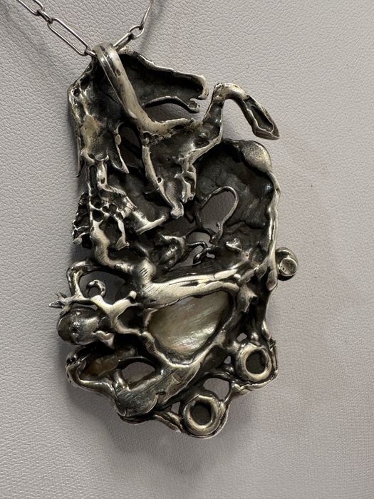 Pandantiv Argint 925 vechi, Art Nouveau. Perla baroc, aquamarin,granat