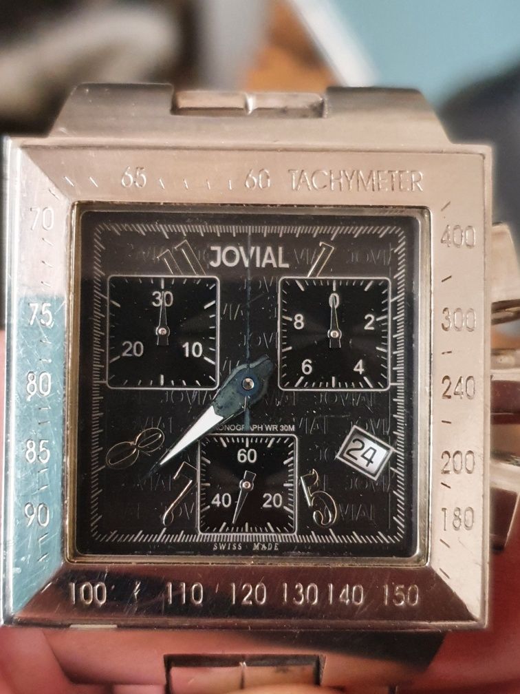 Cronograf elvetian Jovial cu data, patrat, inox, 23jewels quartz eta