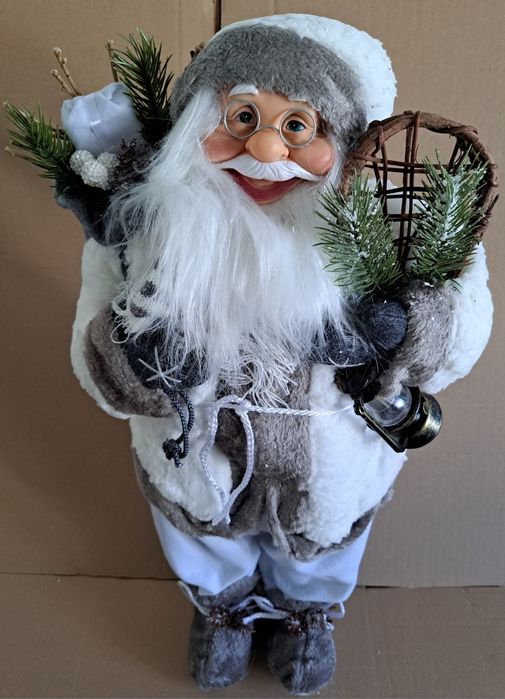 Figurina Mos Craciun 60 cm înălțime cu schiuri ursulet sac cadou brad