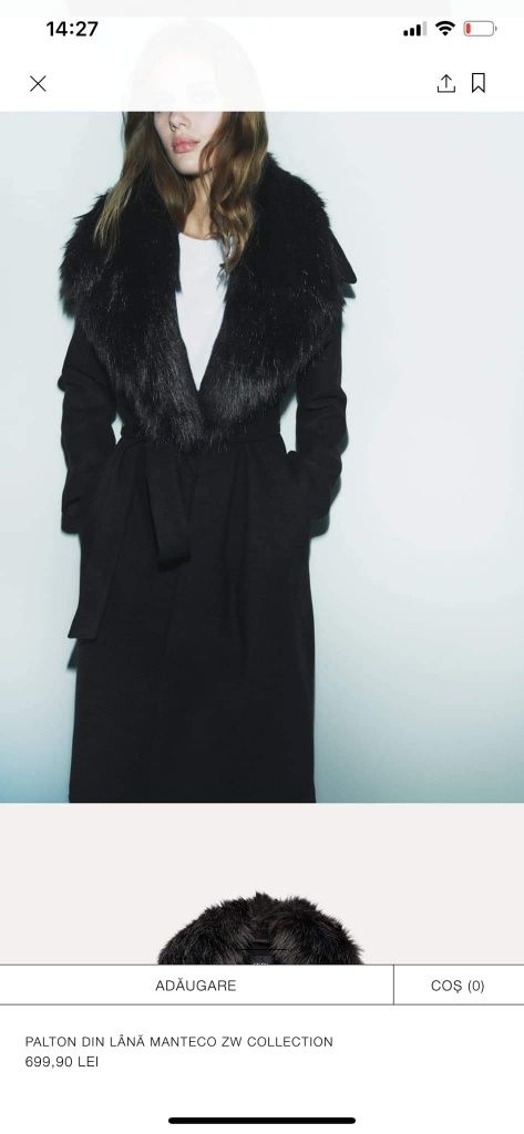 Palton Zara nou cu eticheta mărimea S lana