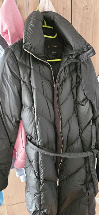 Geaca dama lungă verde închis puf pene Massimo Dutti