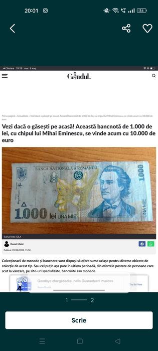 Bancnota 1000 lei 1998 Mihai Eminescu