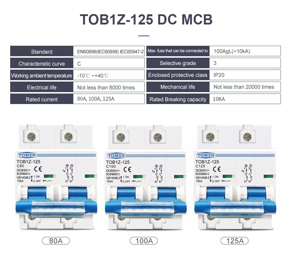 80А / 100А / 125А  2P DC MCB 600V предпазител за PV системи