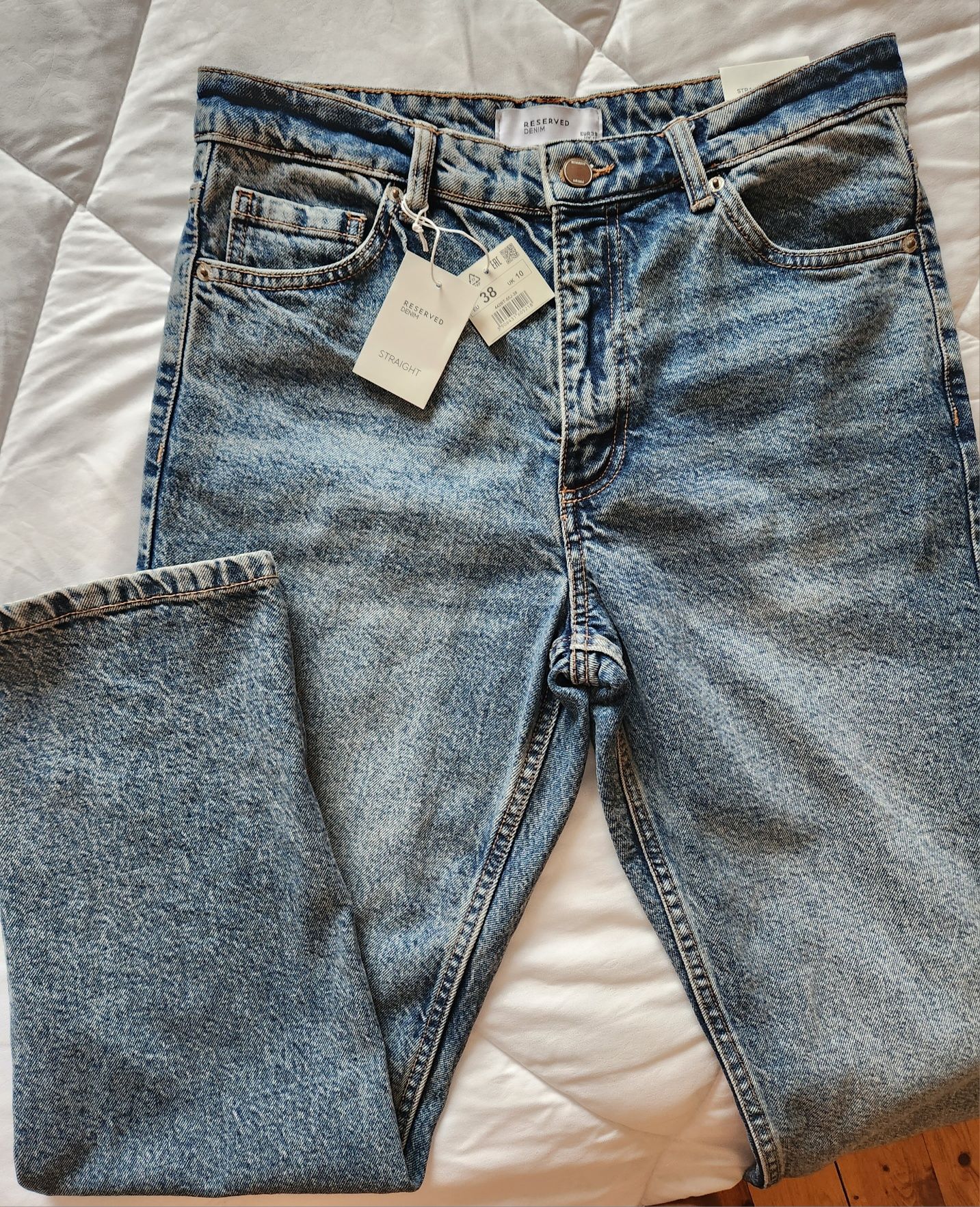 Дънки S/M 38 висока талия прави скъсен крачол сини mid wash blue jeans