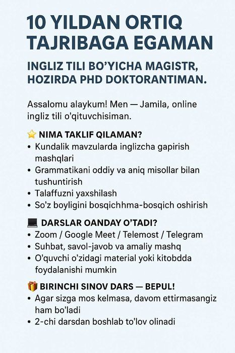 English online tutor (faqat ayollar uchun). Ingliz tili repetitori