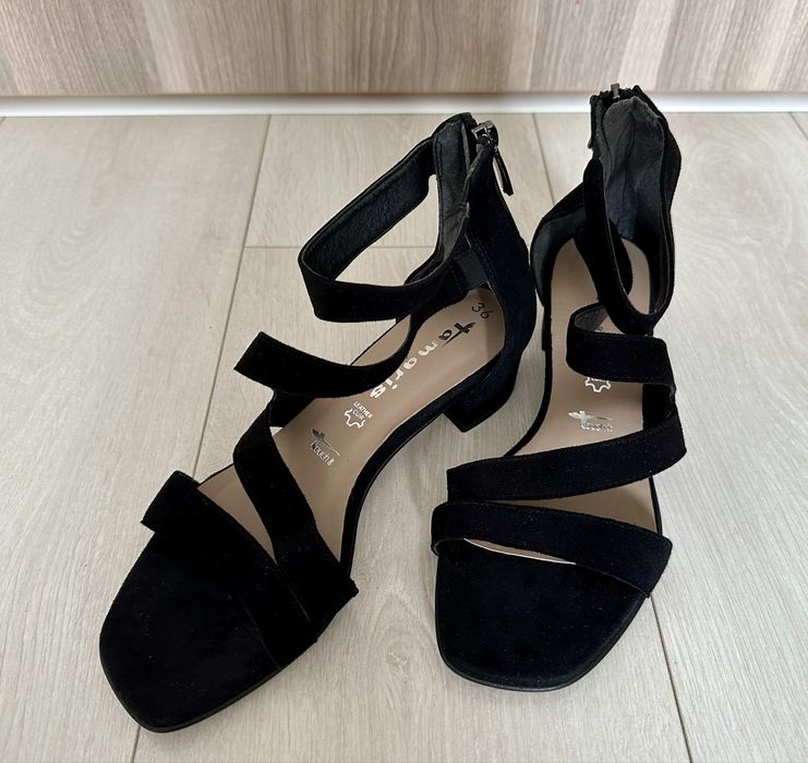 Sandale piele întoarsă, baretă pe gleznă, Tamaris, negru, 36 (37 real)