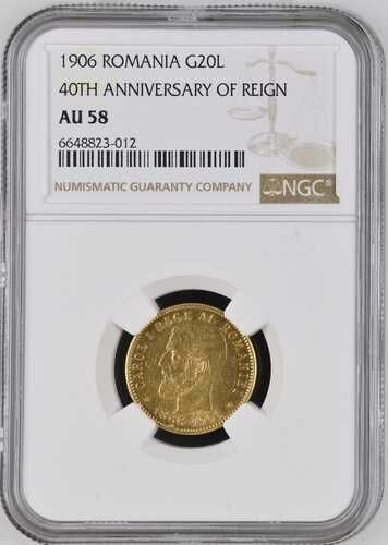 Moneda AUR 20 lei 1906 Carol I, AU58 , RARA
