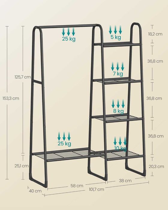 Suport haine metalic Songmics, 5 rafturi si bara agatat haine, negru