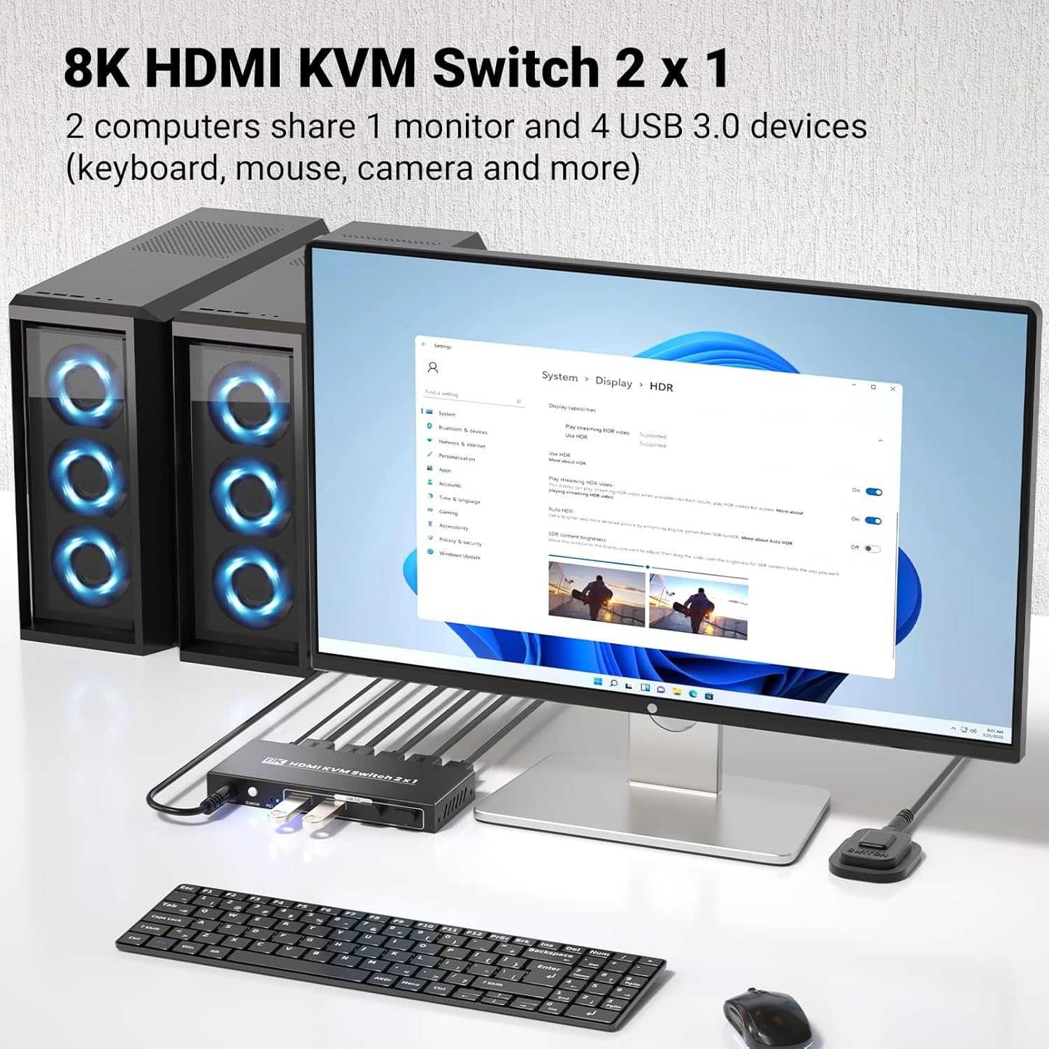 HDMI KVM превключвател 1 монитор 2 компютъра, 8K60Hz 4K120Hz USB 3.0