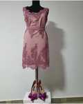 Rochie dantela brodata roz nude, pentru ocazii speciale