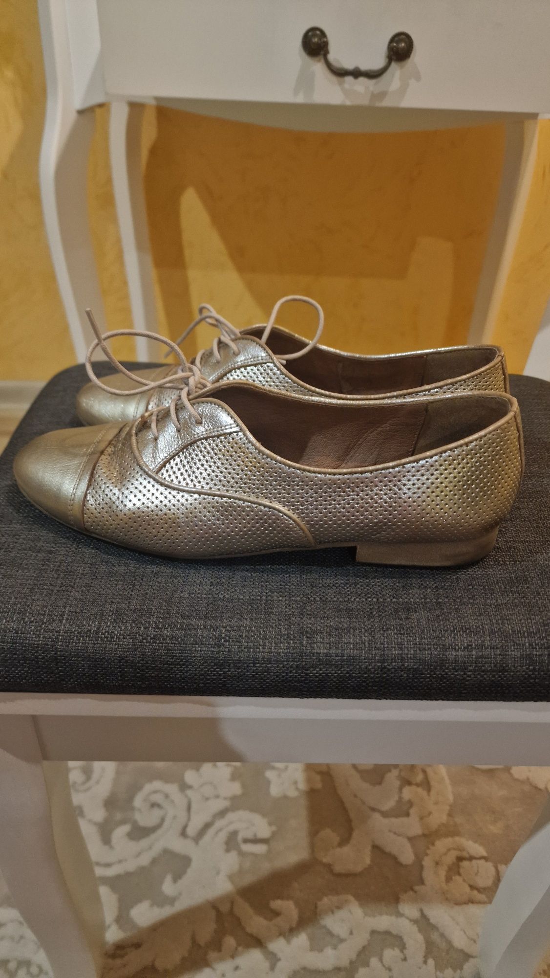 Pantofi aurii, piele, oxford, Anna Cori, 38