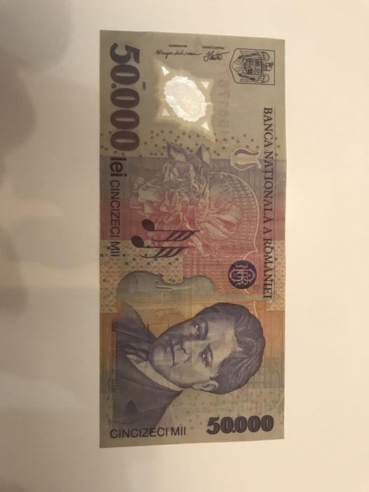 Vand 2 bancnote de 50000 lei, an 2001, George Enescu, format polimer