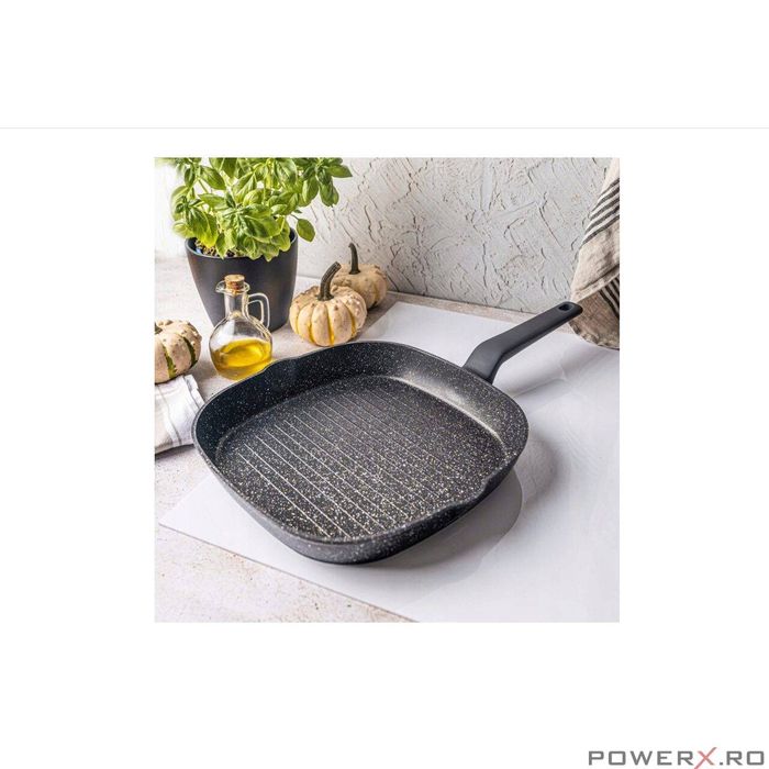 Tigaie tip grill, din aluminiu turnat, marmorata, neagra, 24cm,